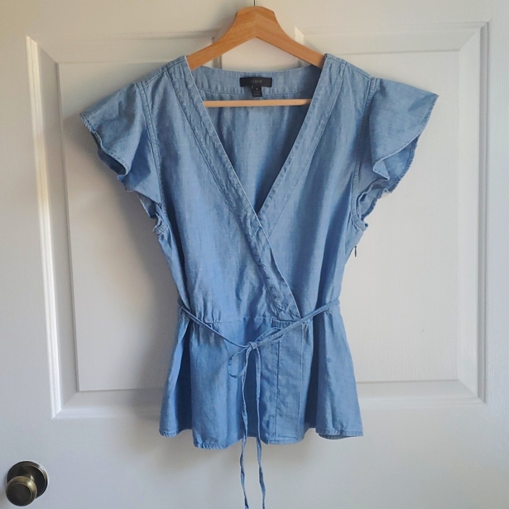 J Crew Chambray Flutter sleeve Faux-Wrap top Size 6 Sold out on site